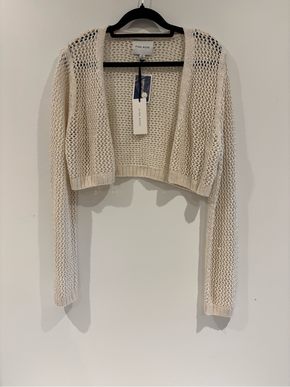 Pink Rose Cropped Open-Knit Cardigan in Cream